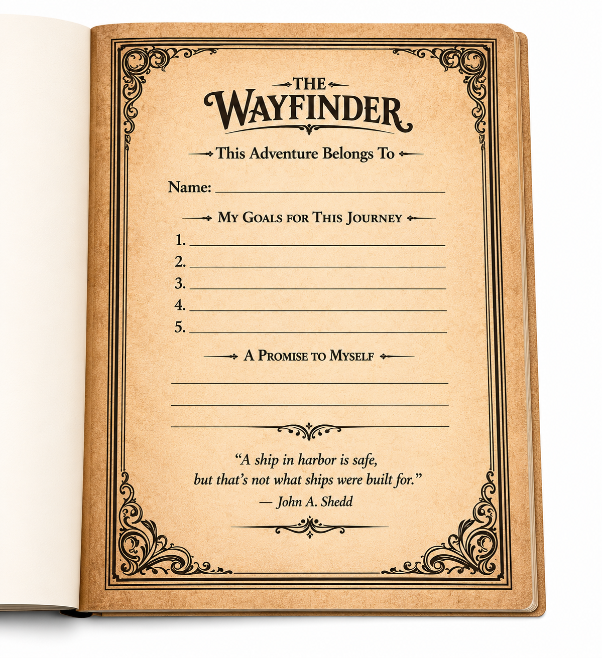 The Wayfinder adventure journal open to prompt pages — built for trip planning and on-trail journaling